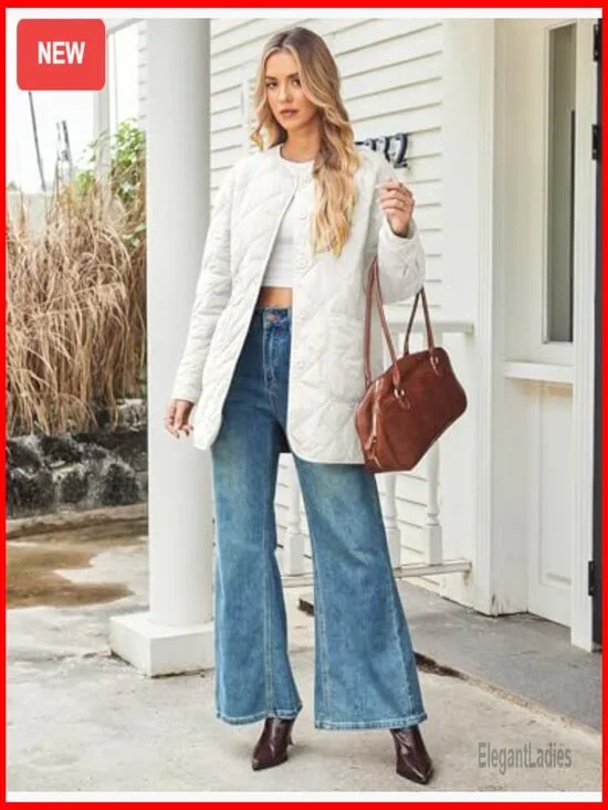 Lightweight Quilted Puffer Jacket with Pockets, Button Front, Mid-Length - Picture 5 of 7